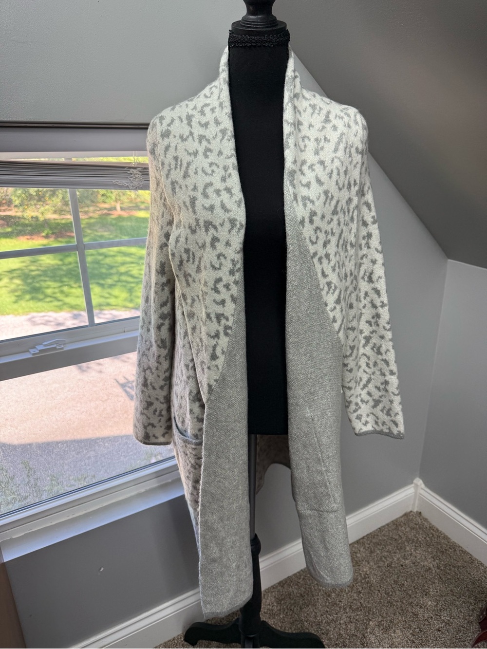 le château Open-Front Long Cardigan in Gray and Cream Leopard Print